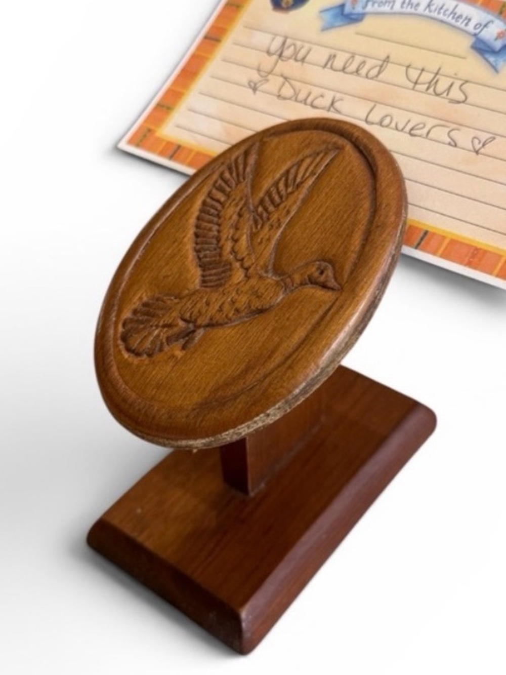 😎3/$20‼️ Vintage Hand‑Carved Wooden Duck Note & Recipe Card Holder –